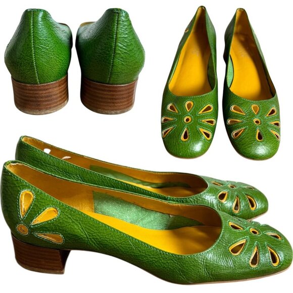 Y2K 2000'S FRANCO SARTO GREEN FLOWER‎ LEATHER PUMPS HEELS SZ. 6 RARE - Picture 2 of 4